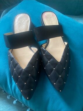 Quilted Pointed-Toe Black Slip-On Mules with Stud Detail